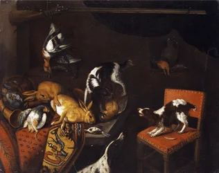 Still Life with Dead Hares and Birds, Armchair, Hounds, Hunting Gun
